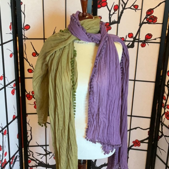 Fashion Pom Pom Olive and Purple Sheer Shawl Scarf Bundle - Picture 1 of 11